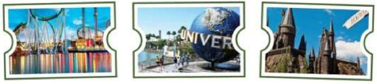 Three photos of Universal Orlando in the shape of tickets