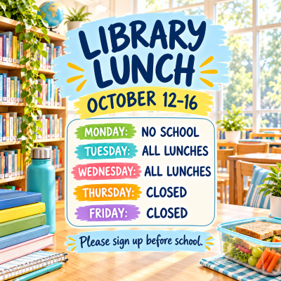 Library Lunches, Monday - No School, Tuesday & Wednesday - All Lunches, Thursday & Friday - Closed