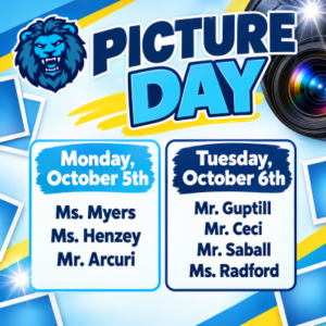 Picture Day - October 5th & Tuesday, October 6th - During Social Studies, see list of teachers by da " to "Monday, October 5th Ms. Myers Ms. Henzey Mr. Arcuri Tuesday, October 6th Mr. Guptill Mr. Ceci Mr. Saball Ms. Radford