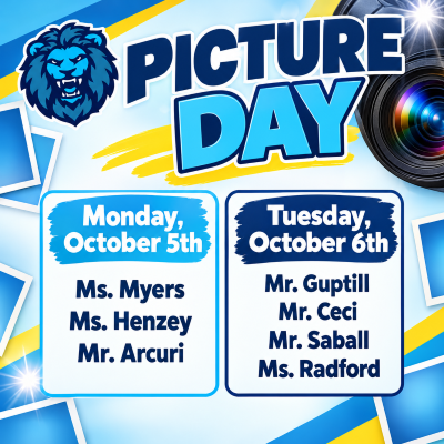 Picture Day - October 5th & Tuesday, October 6th - During Social Studies, see list of teachers by da " to "Monday, October 5th Ms. Myers Ms. Henzey Mr. Arcuri Tuesday, October 6th Mr. Guptill Mr. Ceci Mr. Saball Ms. Radford