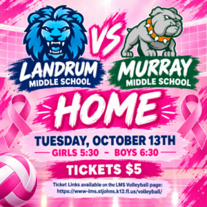 LMS vs MMS - HOME - 10/13 - Girls at 5:30 & Boys at 6:30 - Ticket links https://www-lms.stjohns.k12.fl.us/volleyball/