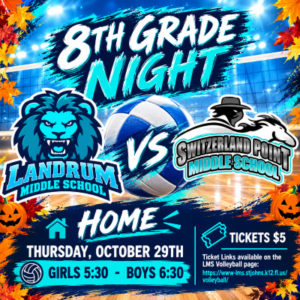 Landrum Middle School vs Swiss Point Middle School. HOME. Thursday, October 29th Girls 5:30 - Boys 6:30. Tickets $5. Ticket Links available on the LMS Volleyball page: https://www-lms.stjohns.k12.fl.us/volleyball/