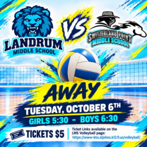 Landrum Middle School vs Swiss Point Middle School. Home. Thursday, October 1st Girls 5:30 - Boys 6:30. Tickets $5. Ticket Links available on the LMS Volleyball page: https://www-lms.stjohns.k12.fl.us/volleyball/