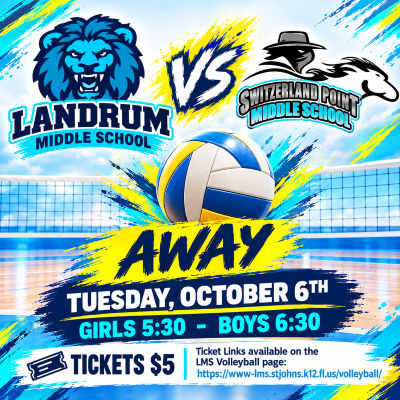 Landrum Middle School vs Swiss Point Middle School. Home. Thursday, October 1st Girls 5:30 - Boys 6:30. Tickets $5. Ticket Links available on the LMS Volleyball page: https://www-lms.stjohns.k12.fl.us/volleyball/